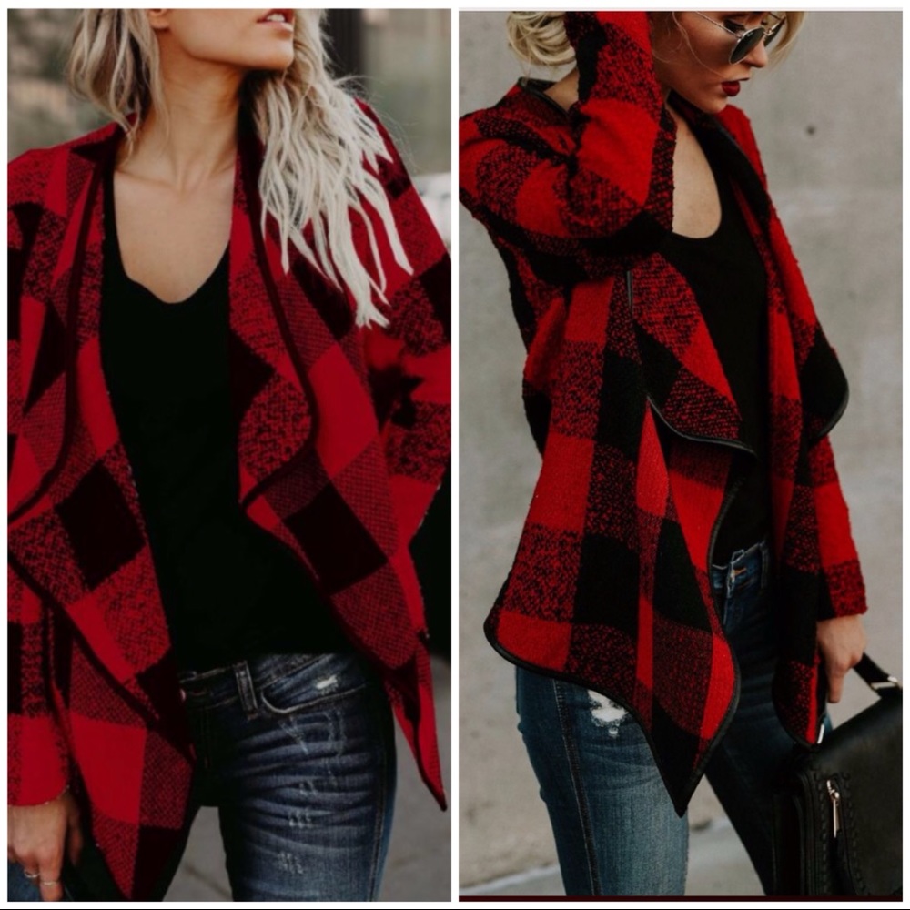 5⭐️RESTOCK ❣️DEBBIE Red black plaid lattice- Coat - Picture 1 of 5